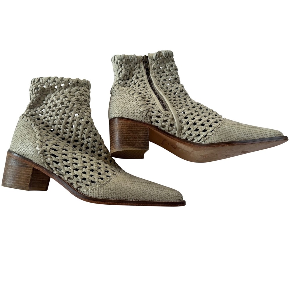 Free People In The Loop Woven Leather Boots White Off-White Ankle Block Heel 41
